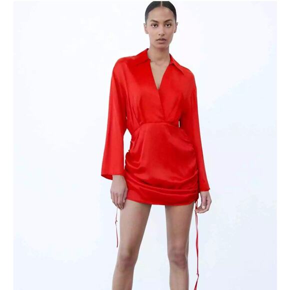 Zara Lipstick Red Satin Finish Mini‎ Dress Adjustable Side Cinching Size XS - Picture 4 of 11